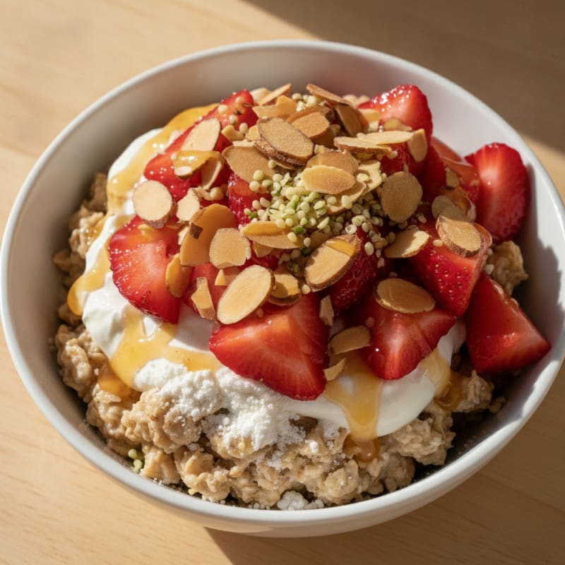 Oats with Greek Yogurt, Fresh Berries, and Protein Powder