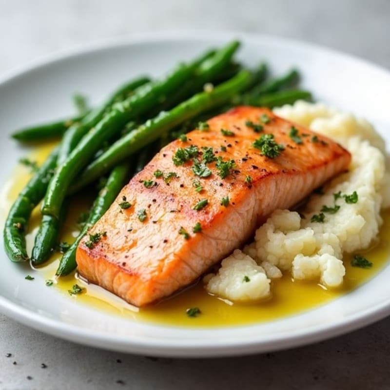 Seared Salmon with Garlic Green Beans and Cauliflower Mash
