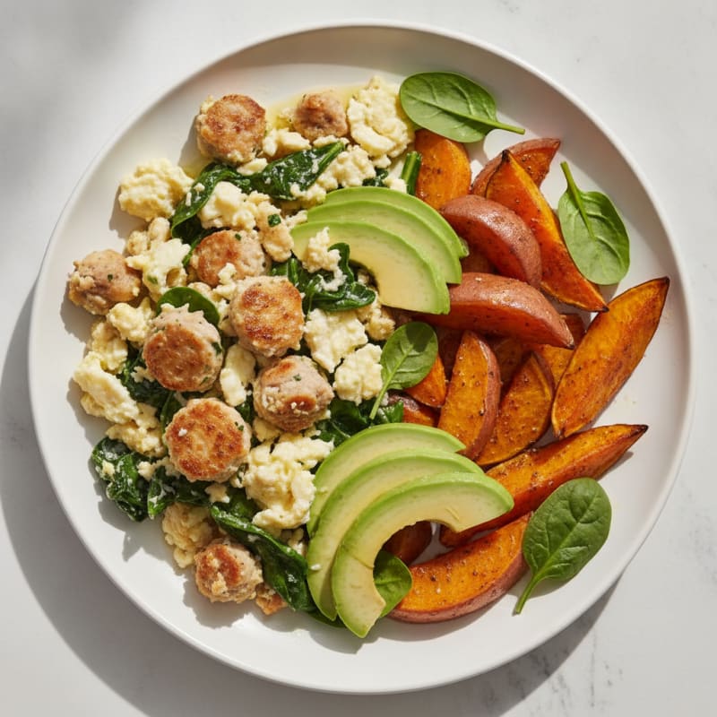 Crispy Turkey Sausage and Egg White Scramble with Roasted Sweet Potato