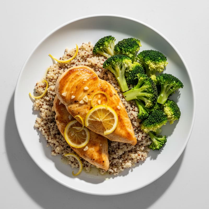 Lemon Garlic Pan Seared Chicken with Steamed Broccoli and Quinoa
