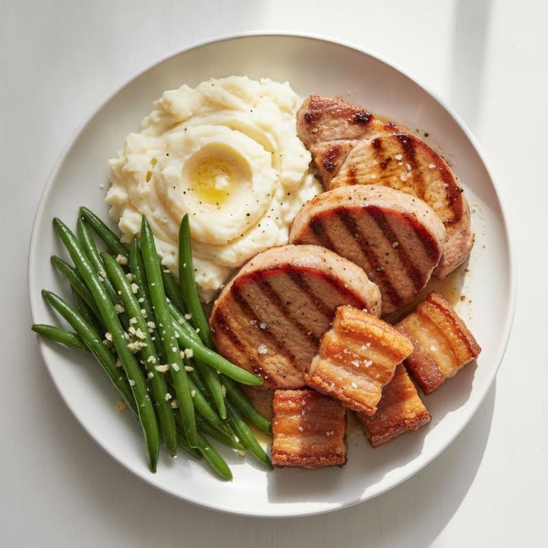 Seared Pork Belly with Garlic Green Beans and Mashed Potatoes