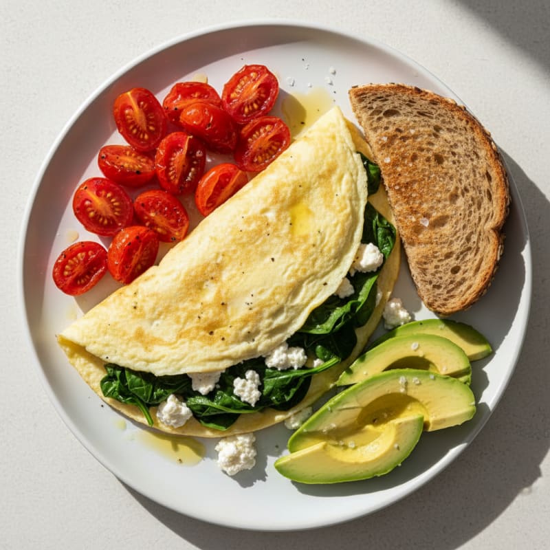 Egg White Spinach Omelette with Cottage Cheese and Cherry Tomatoes
