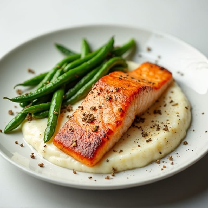 Seared Salmon with Garlic Green Beans and Cauliflower Mash