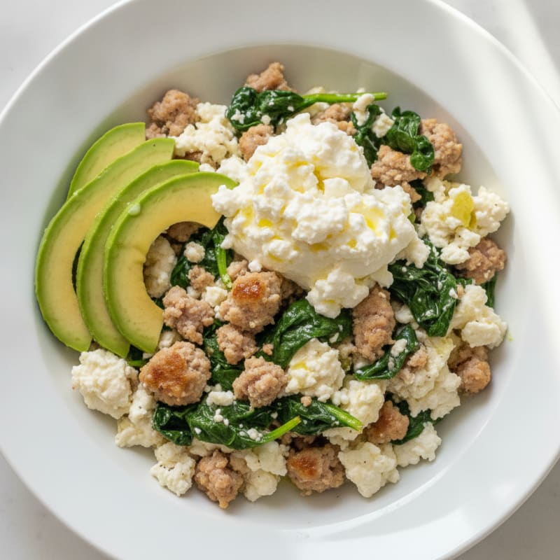 Egg White and Turkey Sausage Scramble with Spinach and Cottage Cheese