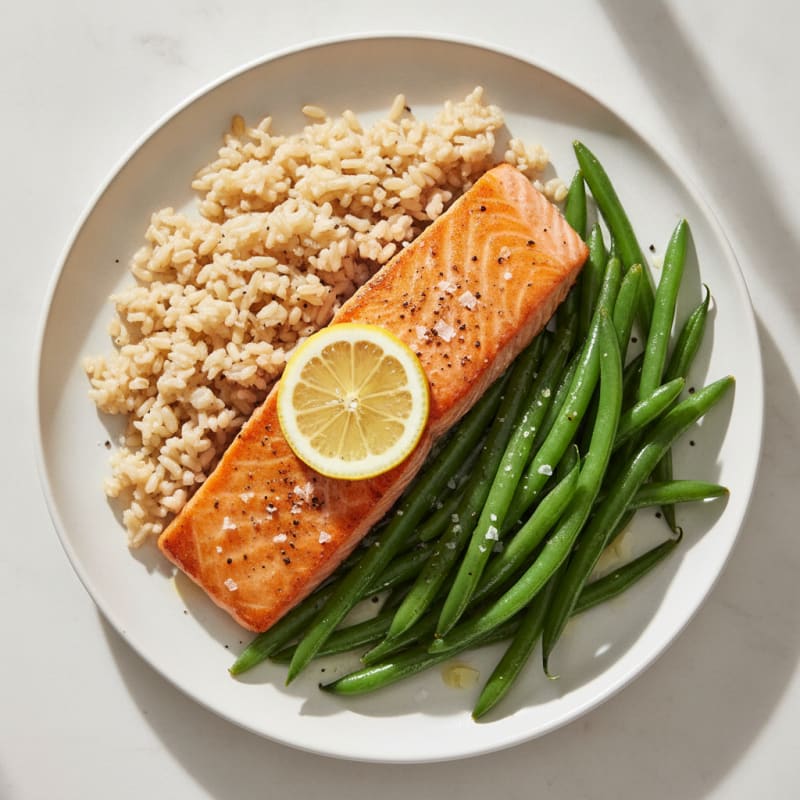 Seared Salmon with Steamed Green Beans and Brown Rice