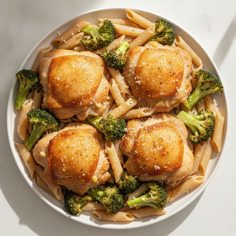 Oven-Baked Chicken Thighs with Roasted Broccoli and Parmesan
