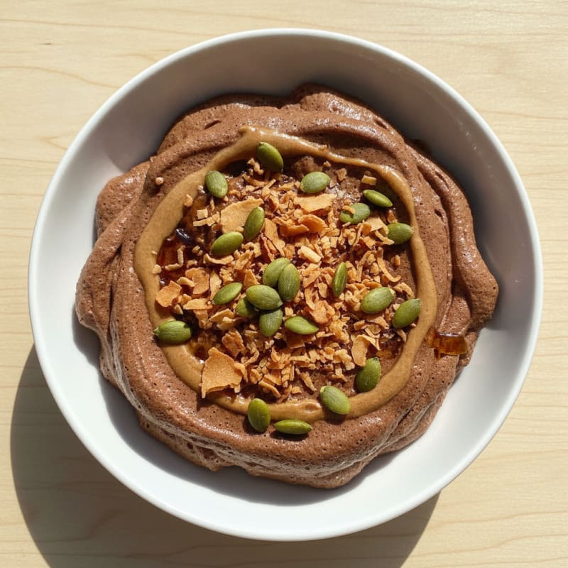 Silky Protein Chocolate Pudding with Toasted Coconut and Pumpkin Seeds