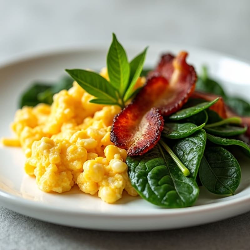 Cottage Cheese Egg Scramble with Sautéed Spinach and Turkey Bacon