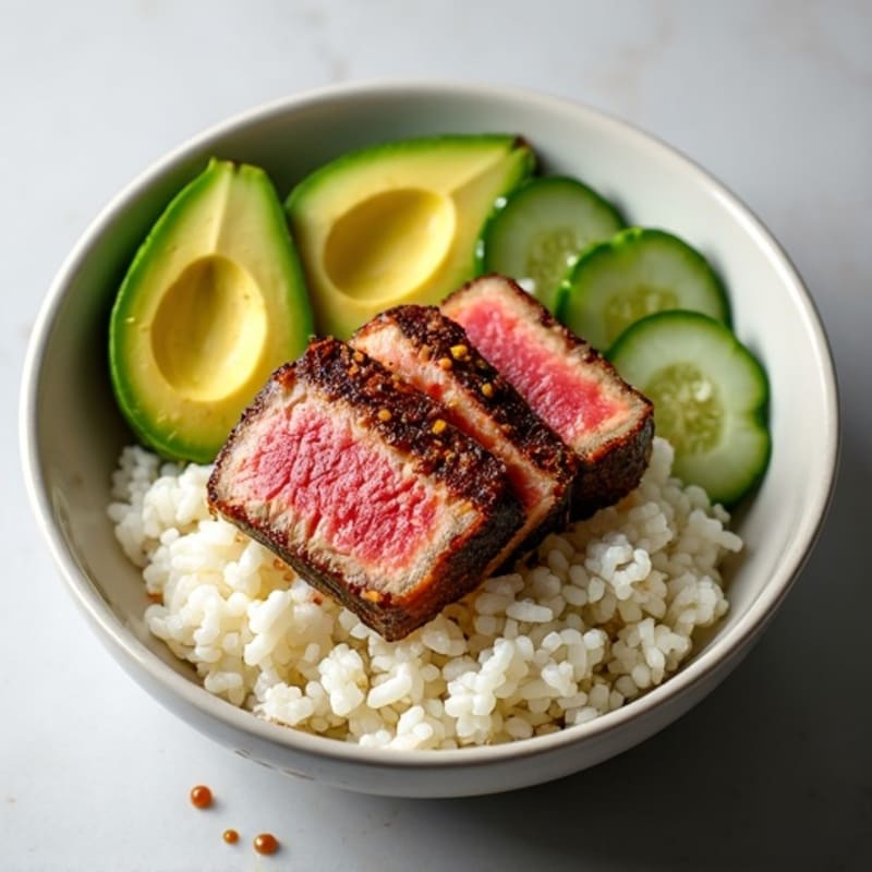 Seared Ahi Tuna Rice Bowl with Fresh Cucumber and Creamy Avocado