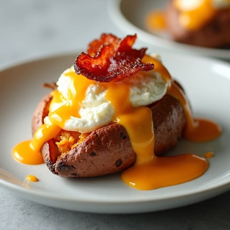 Loaded Baked Sweet Potato with Crispy Turkey Bacon and Creamy Cheddar Sauce