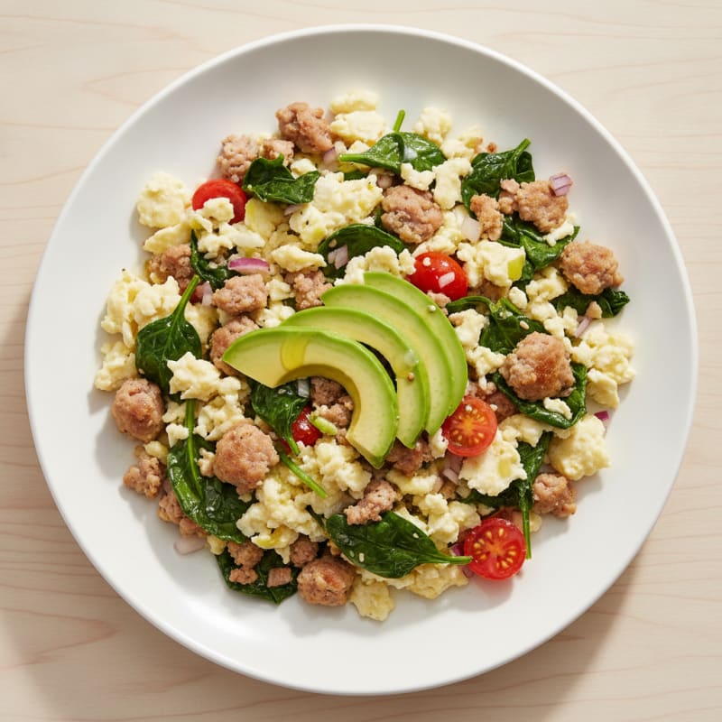 Egg White Scramble with Turkey Sausage and Sautéed Spinach