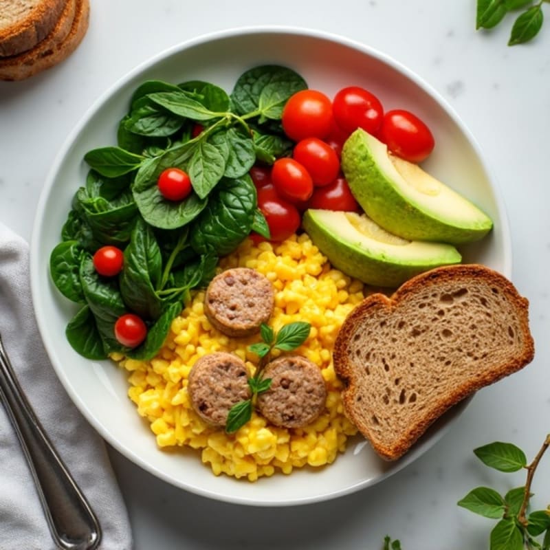 Egg White and Turkey Sausage Scramble with Sautéed Spinach