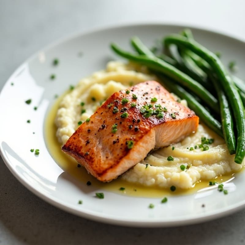 Pan-Seared Salmon with Steamed Green Beans and Garlic Cauliflower Mash