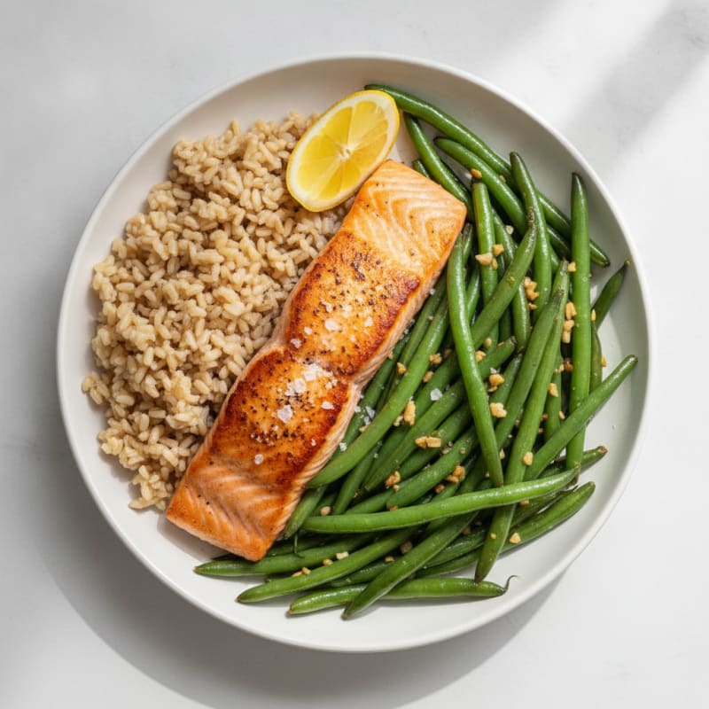 Seared Salmon with Garlic Green Beans and Brown Rice