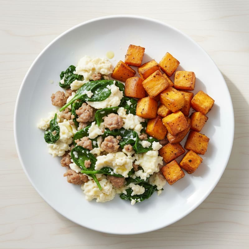 Egg White and Turkey Sausage Scramble with Spinach and Roasted Sweet Potatoes