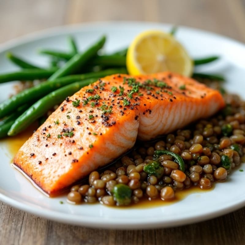 Seared Salmon Fillet with Garlic Green Beans and Lentils