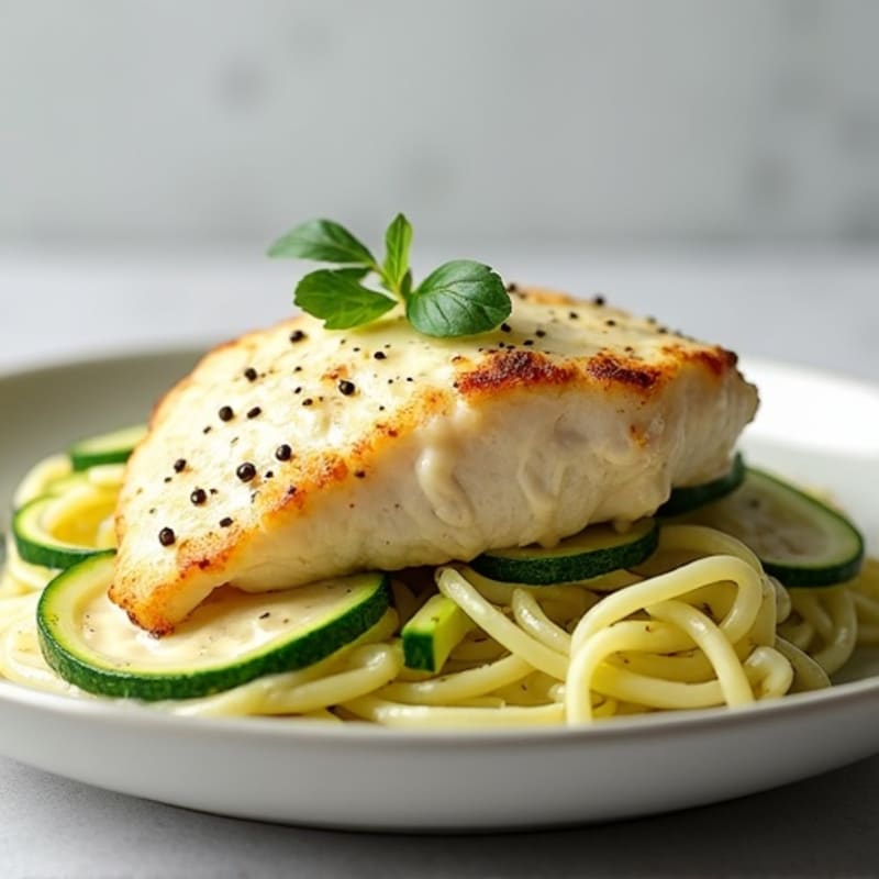 Creamy Cauliflower Alfredo Chicken with Zucchini Noodles