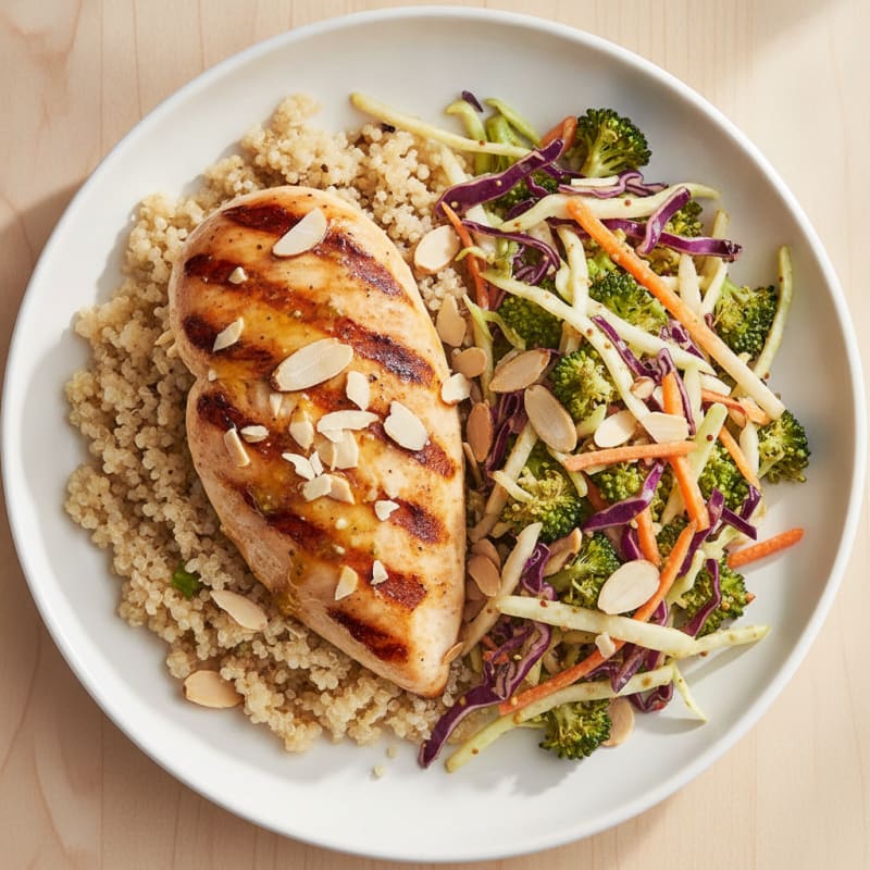 Grilled Chicken Breast with Crunchy Broccoli Slaw and Quinoa