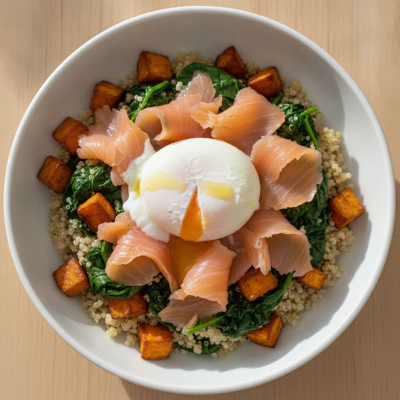 Smoked Salmon and Spinach Quinoa Bowl with Poached Egg