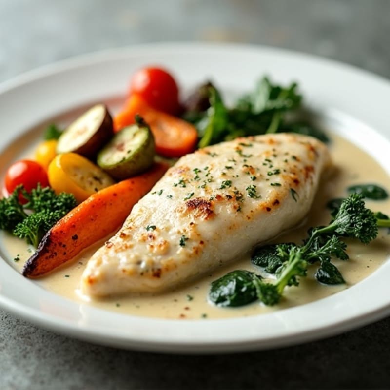 Creamy Spinach Artichoke Chicken with Roasted Vegetables