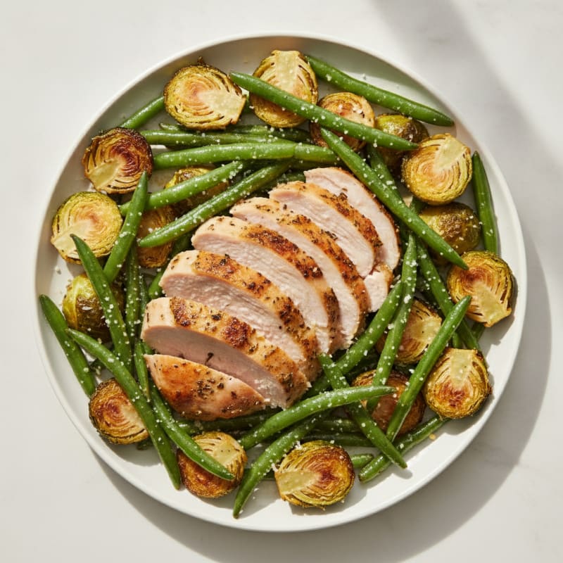Oven-Baked Turkey Breast with Crispy Brussel Sprouts and Green Beans