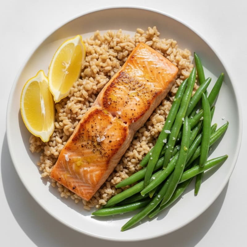 Seared Salmon with Steamed Green Beans and Brown Rice