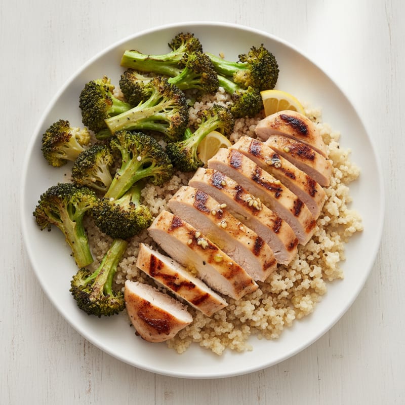 Grilled Chicken Breast with Roasted Broccoli and Quinoa