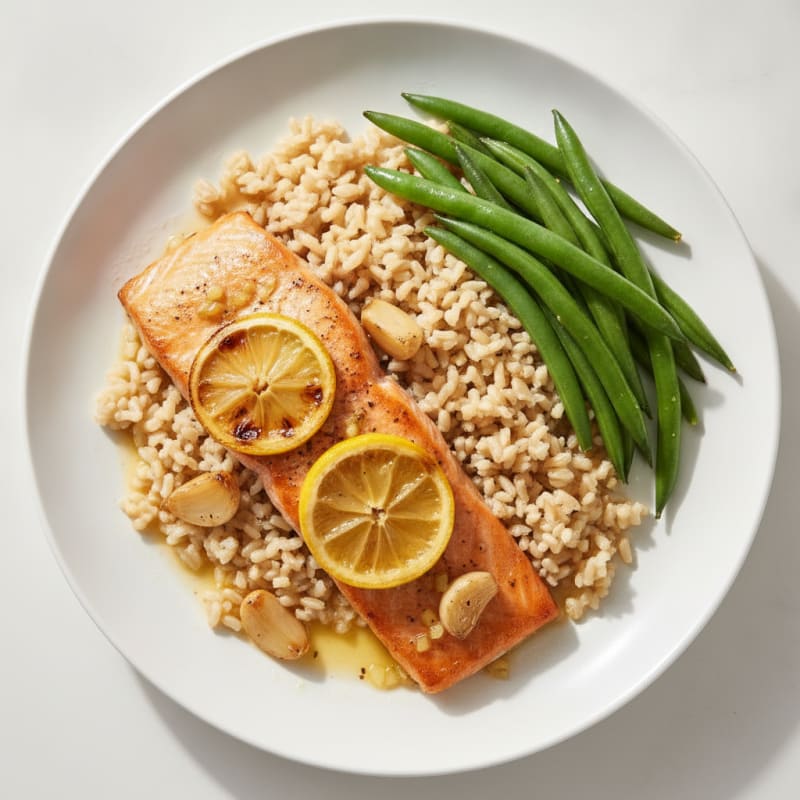 Baked Salmon with Steamed Green Beans and Brown Rice