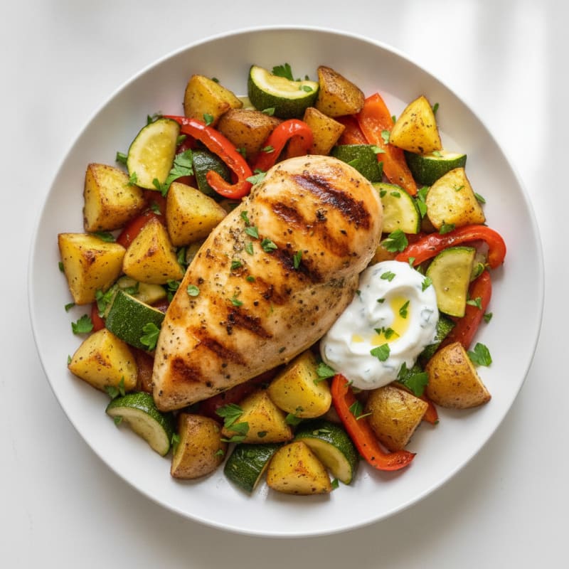 Herb-Grilled Chicken with Roasted Potatoes and Veggies