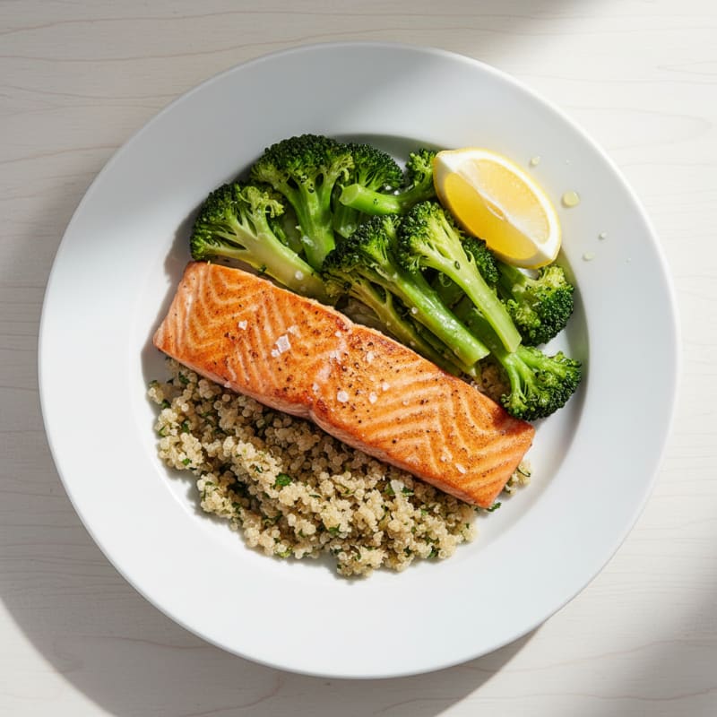 Seared Salmon with Steamed Broccoli and Quinoa