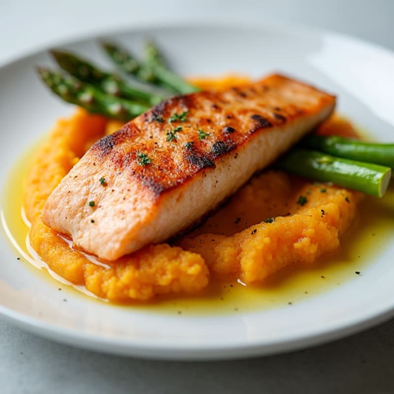 Seared Salmon with Roasted Asparagus and Sweet Potato Mash