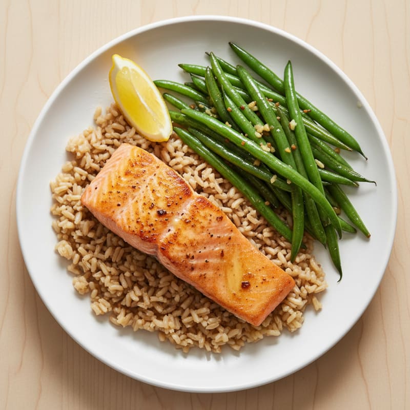 Seared Salmon Fillet with Garlic Green Beans and Brown Rice