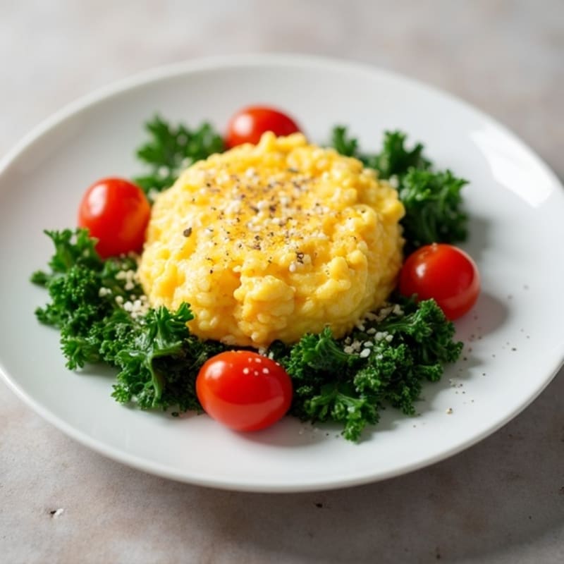 Fluffy Scrambled Eggs with Sautéed Greens and Cherry Tomatoes