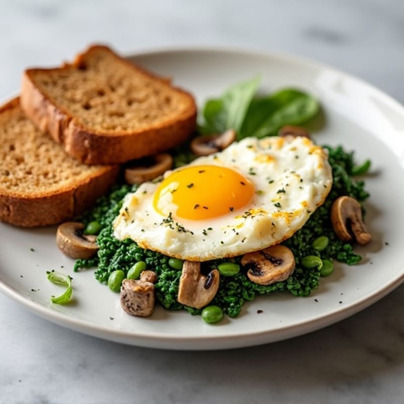 Egg White Spinach Scramble with Cottage Cheese and Sautéed Mushrooms