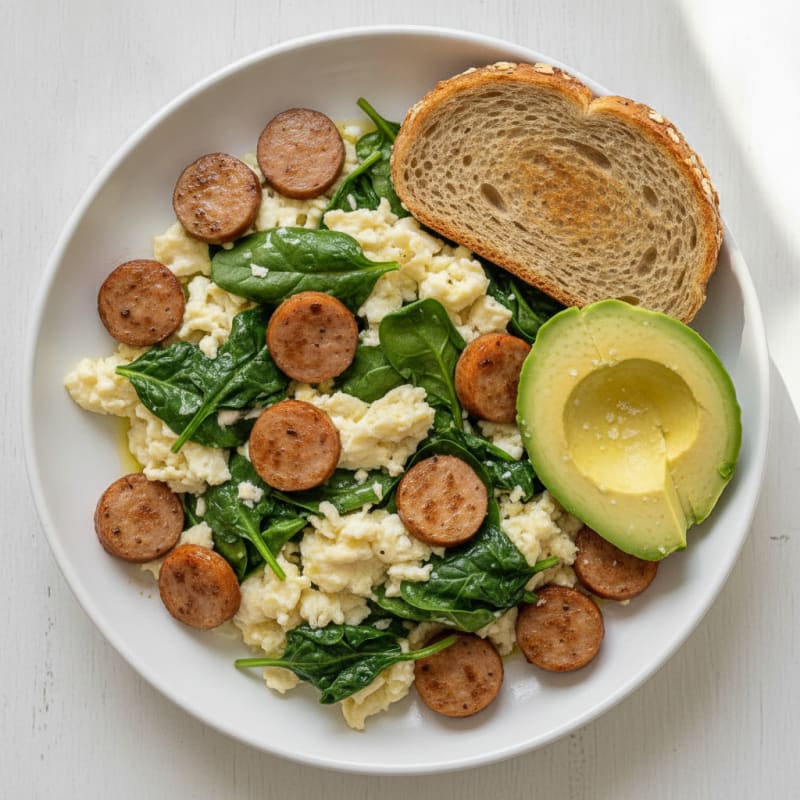 Egg White and Spinach Scramble with Turkey Sausage