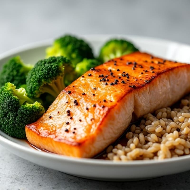Seared Salmon Fillet with Steamed Broccoli and Brown Rice