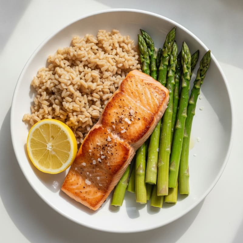 Seared Salmon with Steamed Asparagus and Brown Rice
