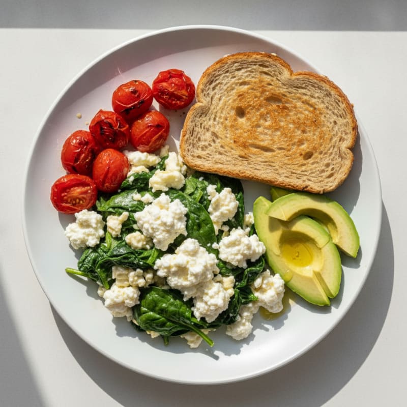 Egg White and Spinach Scramble with Cottage Cheese and Cherry Tomatoes