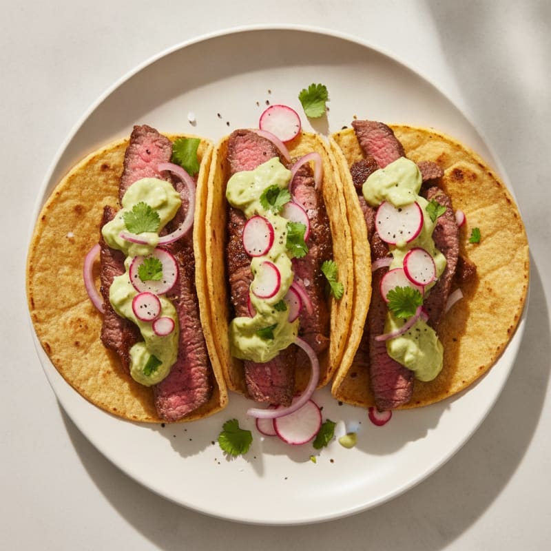 Pan-Seared Steak Tacos with Avocado Crema