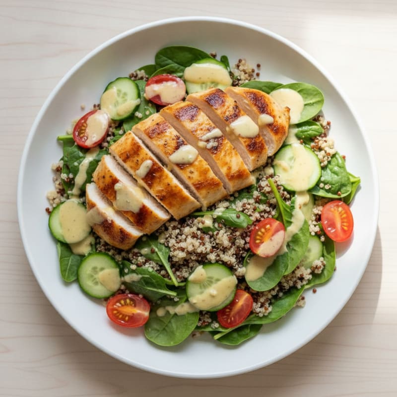 Grilled Chicken and Quinoa Salad with Lemon-Tahini Dressing