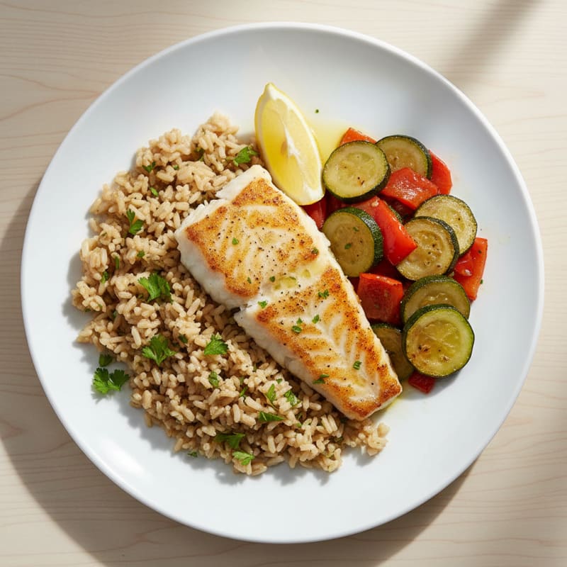 Seared Fish with Herb Rice and Roasted Vegetables
