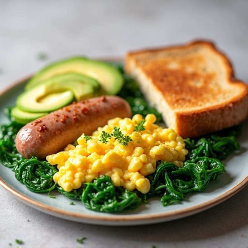 Egg White and Turkey Sausage Scramble with Sautéed Spinach