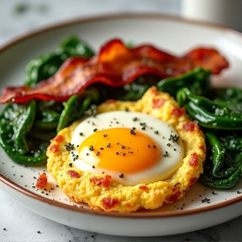 Crispy Turkey Bacon and Fluffy Egg Scramble with Sautéed Spinach