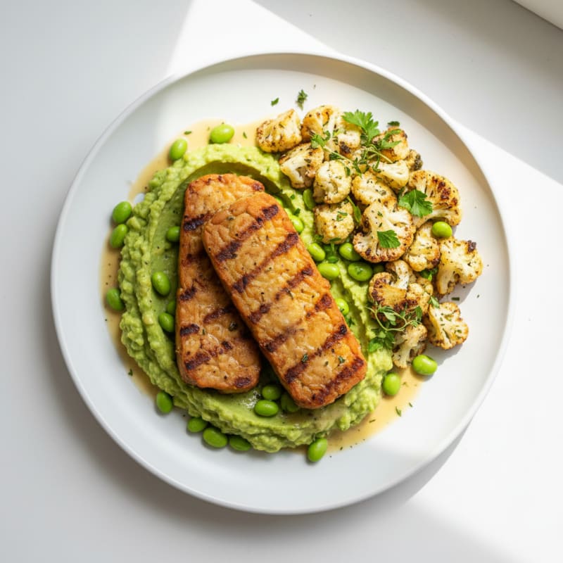 Grilled Tempeh with Herb-Roasted Cauliflower and Edamame Mash