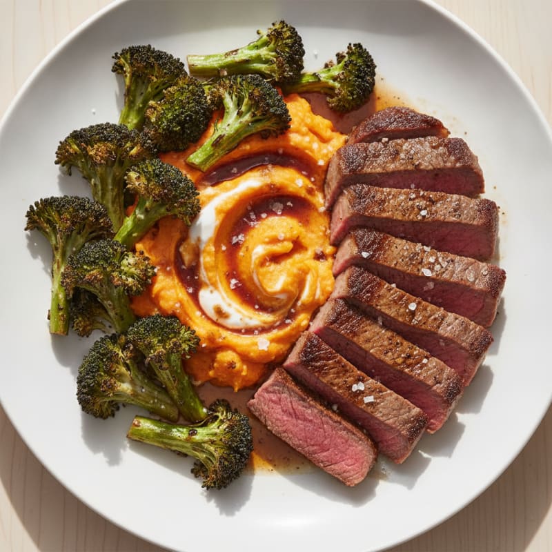 Seared Steak with Roasted Broccoli and Sweet Potato Mash
