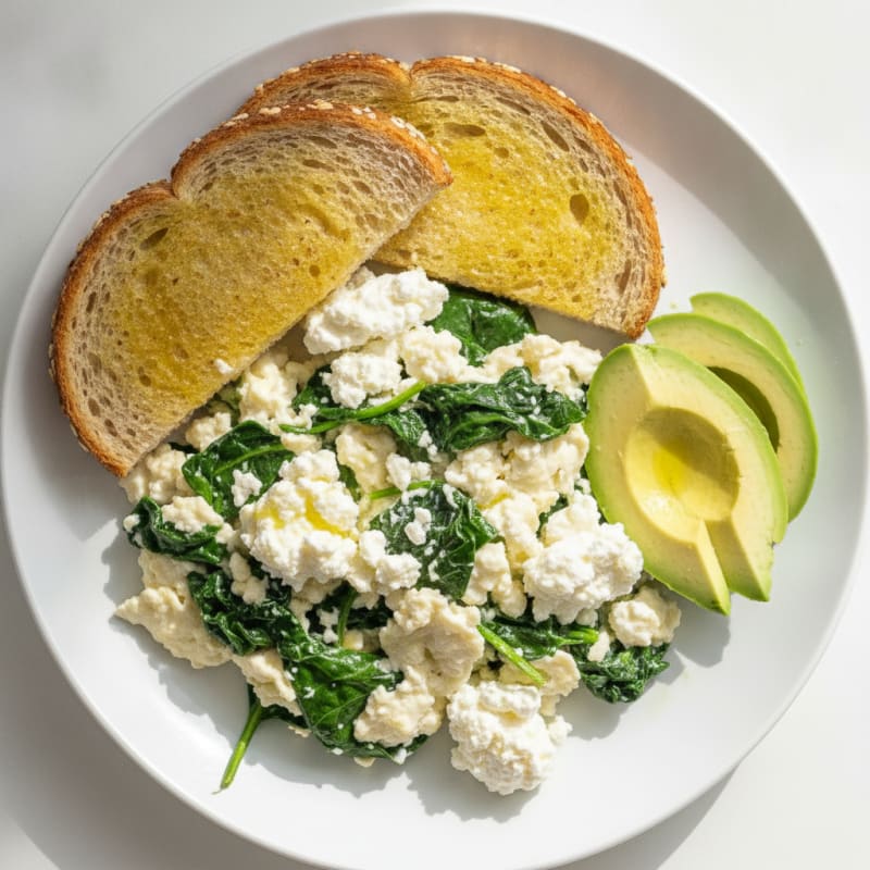 Egg White and Spinach Scramble with Cottage Cheese and Avocado