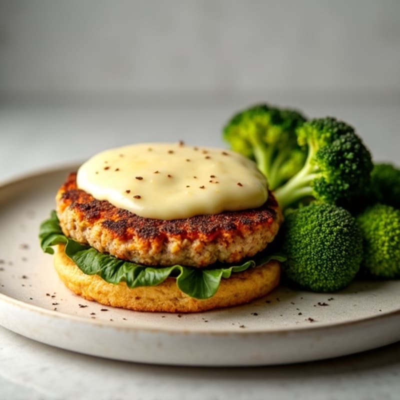 Lean Turkey Burger with Melted Mozzarella and Crispy Roasted Broccoli