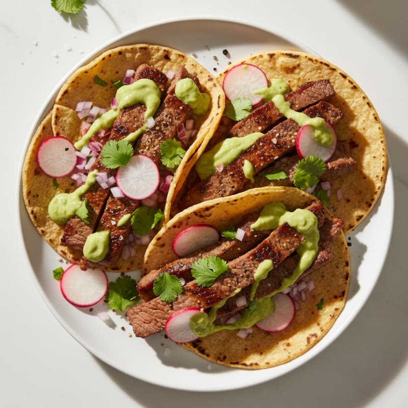 Carne Asada Tacos with Avocado Crema