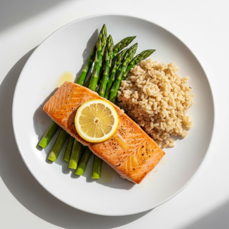 Seared Salmon with Steamed Asparagus and Brown Rice