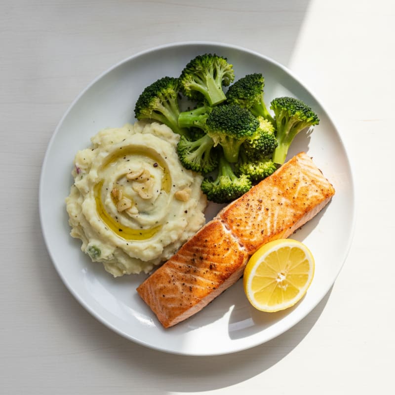 Pan-Seared Salmon with Steamed Broccoli and Garlic Mashed Potatoes